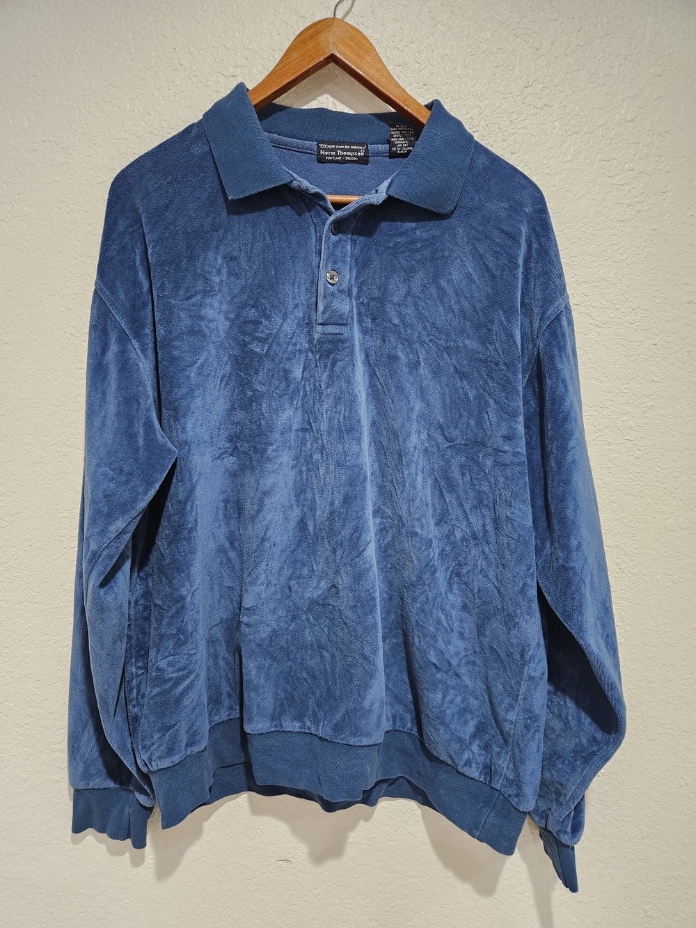 Vintage Norm Thompson Velour Polo Shirt Men XL Blue 90s Y2K Long Sleeve Pullover